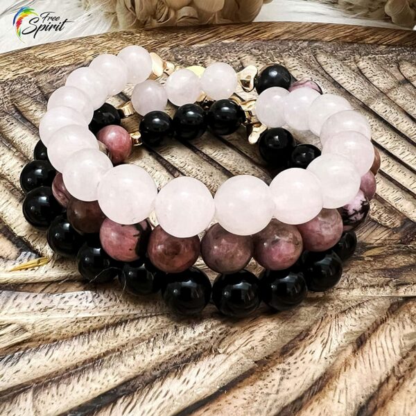 Bracelet Multirang Femme en Quartz Rose, Rhodonite, Onyx Noir
